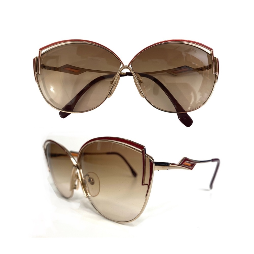 Yves Saint Laurent Vintage 80s Cat Eye Sunglasses Red Sparkle Enamel Gold Frame - Picture 1 of 16